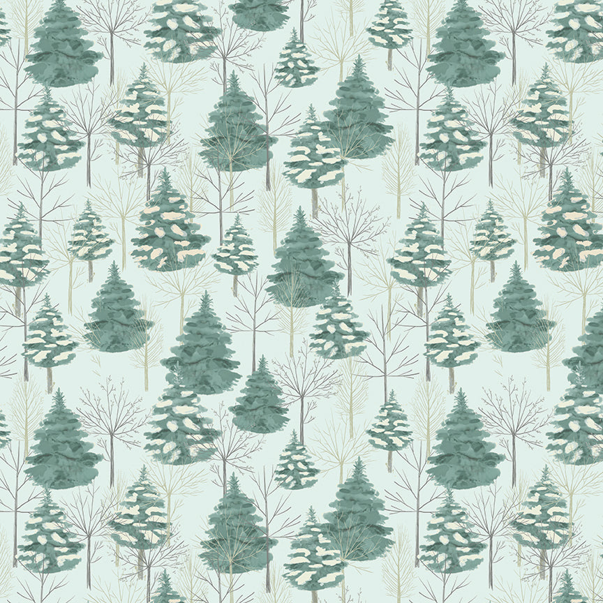 Pattern of green trees on a light blue background
