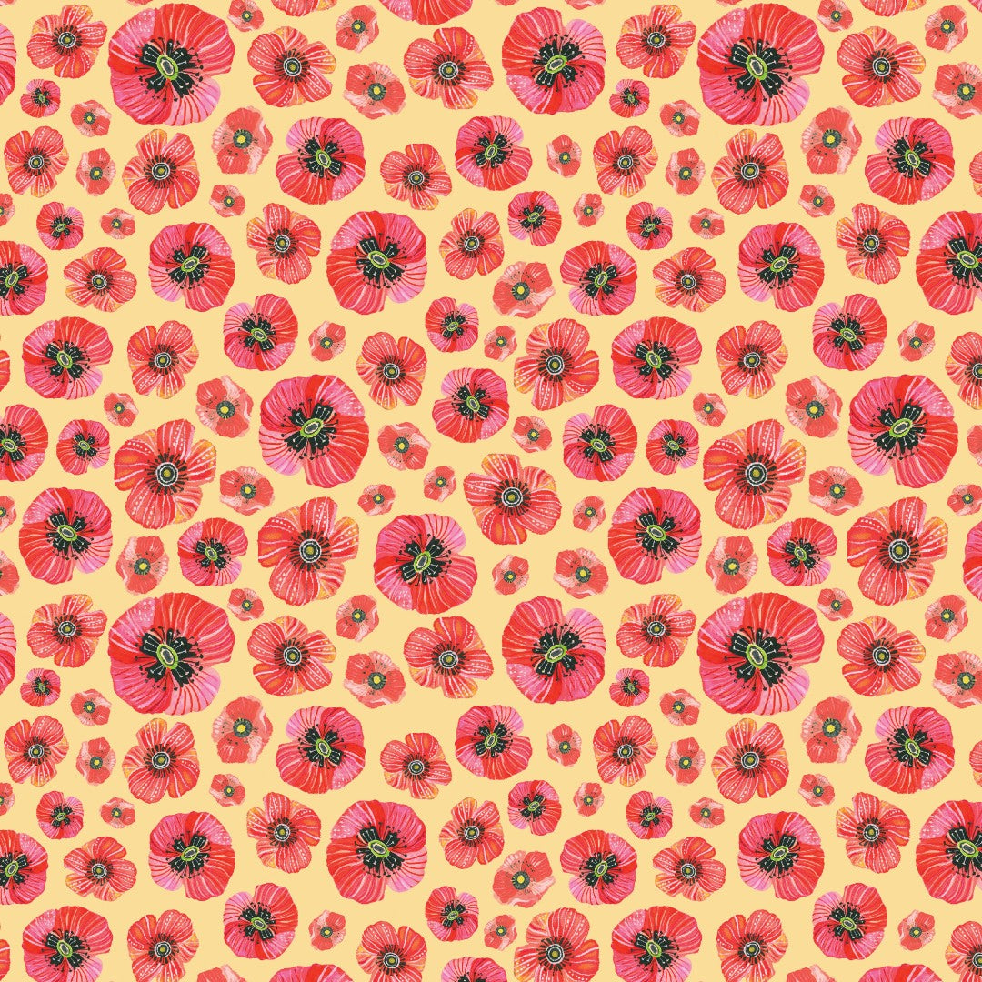 Fabric Benartex Light Yellow Poppy Meadow Into the Meadow by the Quarter Yard 16713-03