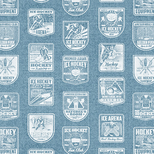 A repeating pattern of vintage-style ice hockey patches and badges in light blue and white on a medium blue background.