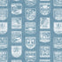 A repeating pattern of vintage-style ice hockey patches and badges in light blue and white on a medium blue background.