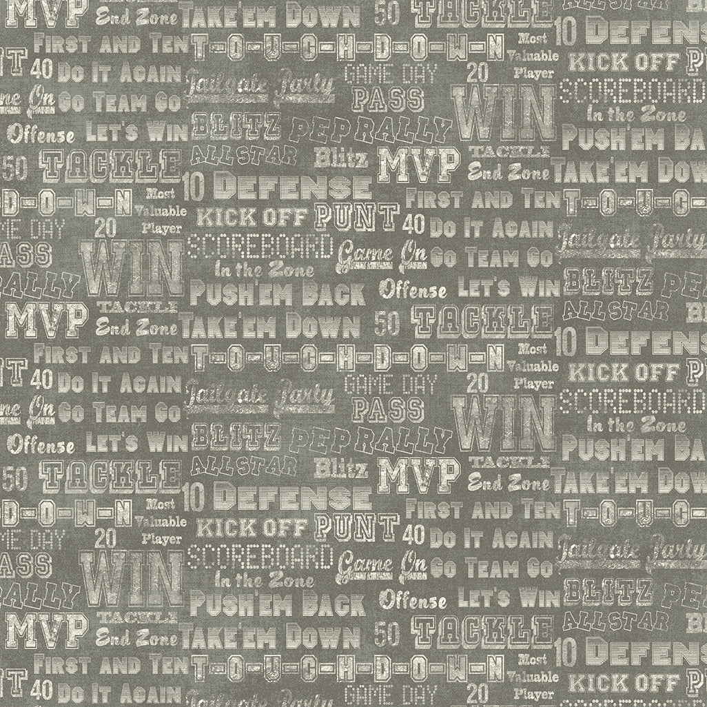 Gray and white patterned fabric featuring a repeating design of football and sports terms like MVP, touchdown, blitz, pass, and kick off.