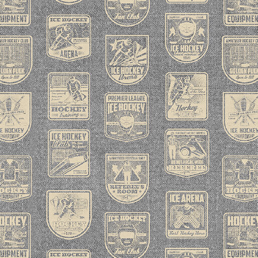 A repeating pattern of vintage-style ice hockey badges and labels in beige on a textured dark gray background.