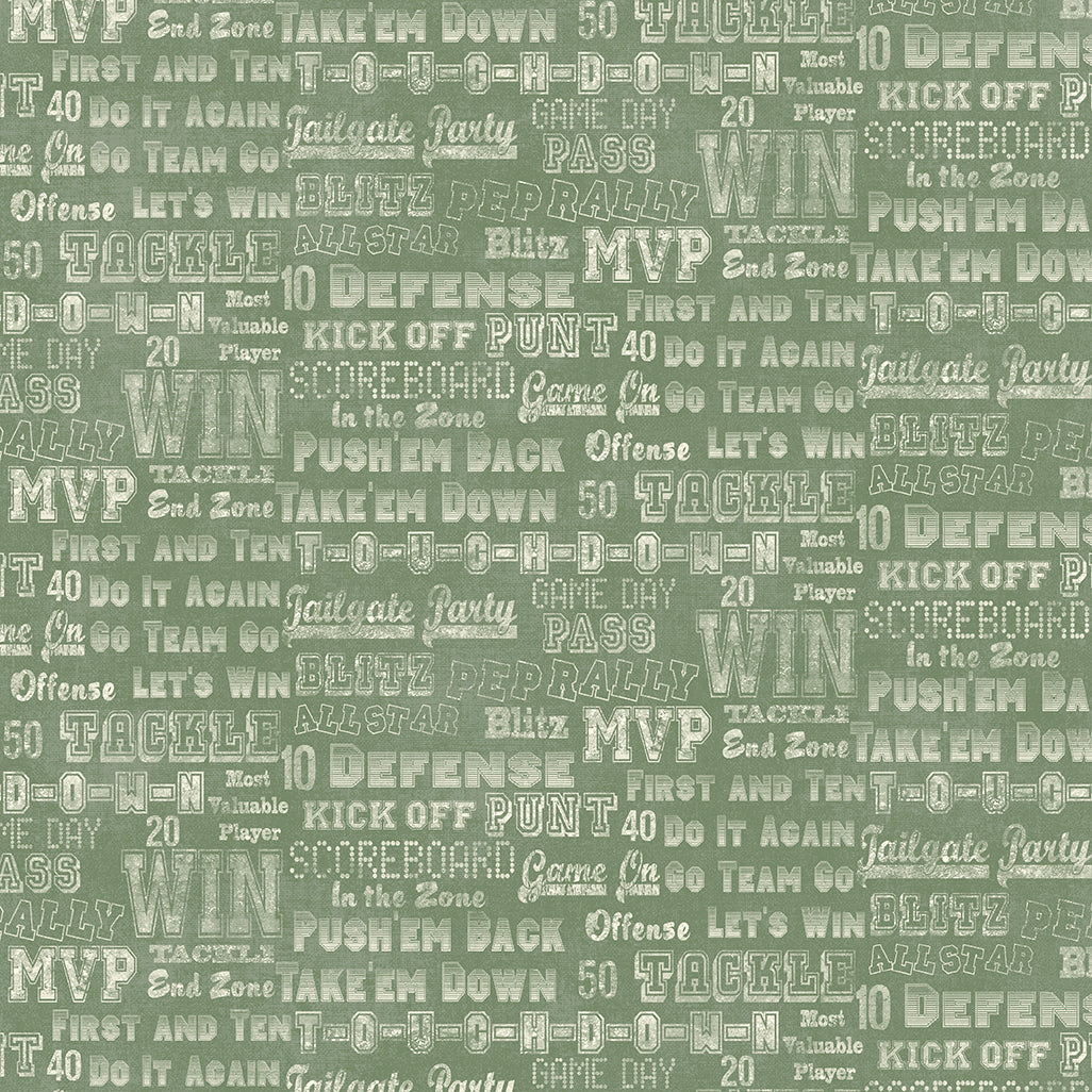 A close-up of a repeating fabric featuring motivational football and basketball team slang terms like 'MVP', 'WIN', 'TACKLE', 'PASS', and 'BLITZ' printed in light gray and white on a muted sage green background.