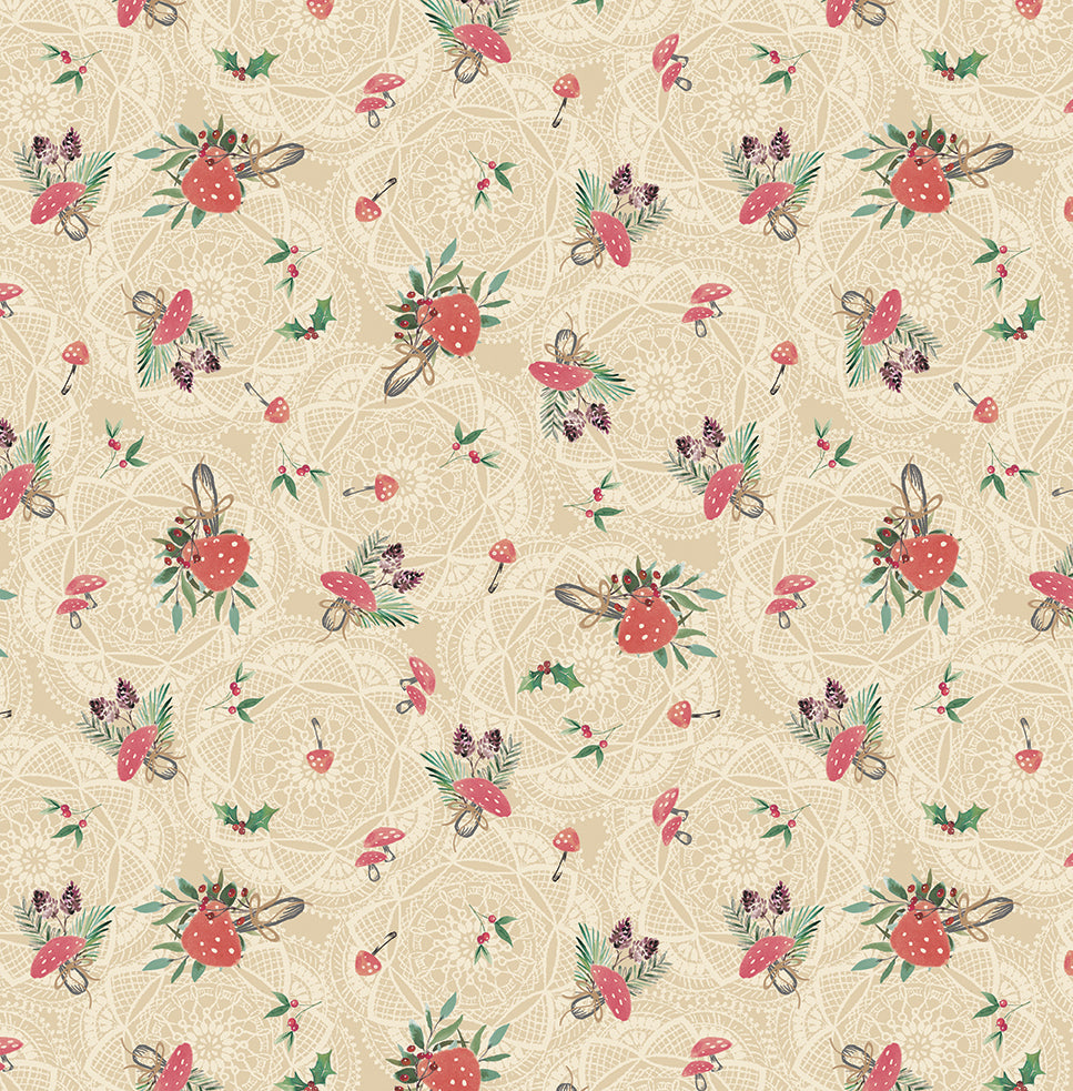 Foliage pattern with red mushrooms and green leaves on a beige background