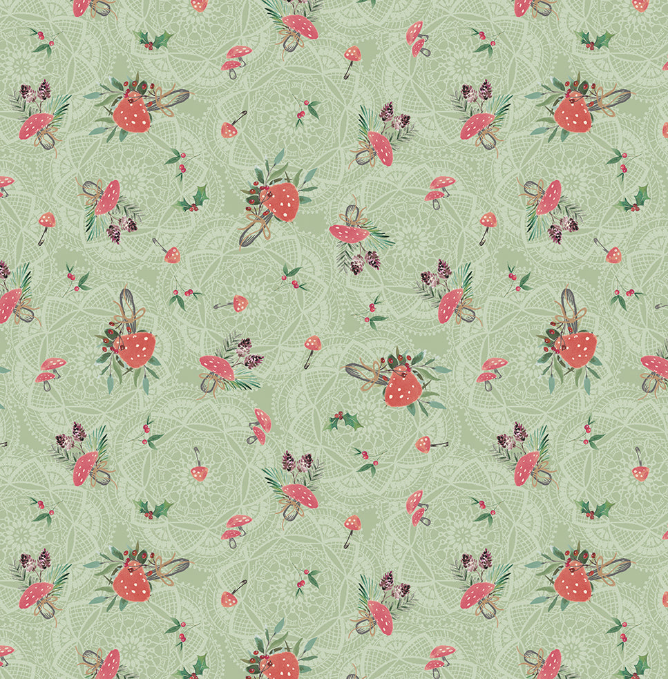Foliage pattern with mushrooms on a green background