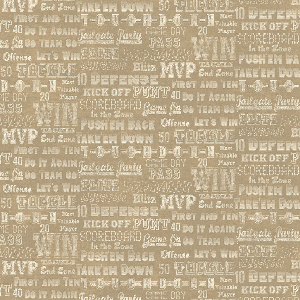 A repeating beige and tan pattern of football-themed words and phrases such as MVP, WIN, TACKLE, PASS, and blitz, shown as a flat all-over print.