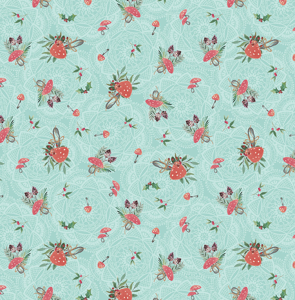 Foliage pattern with red mushrooms and green leaves on a light blue background
