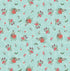 Foliage pattern with red mushrooms and green leaves on a light blue background