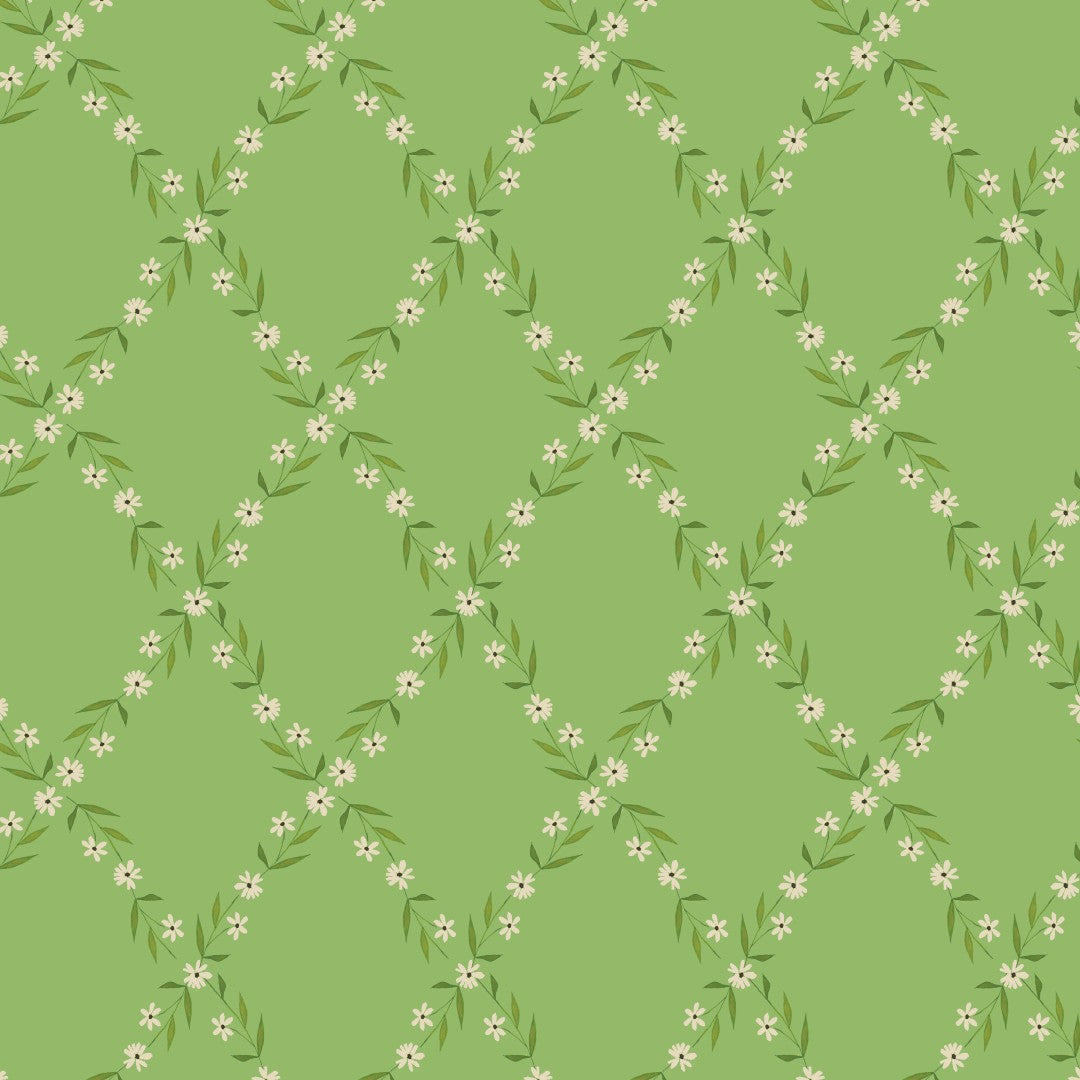 A repeating floral pattern on a light green background, featuring white blossoms with small green leaves arranged in a diamond lattice.