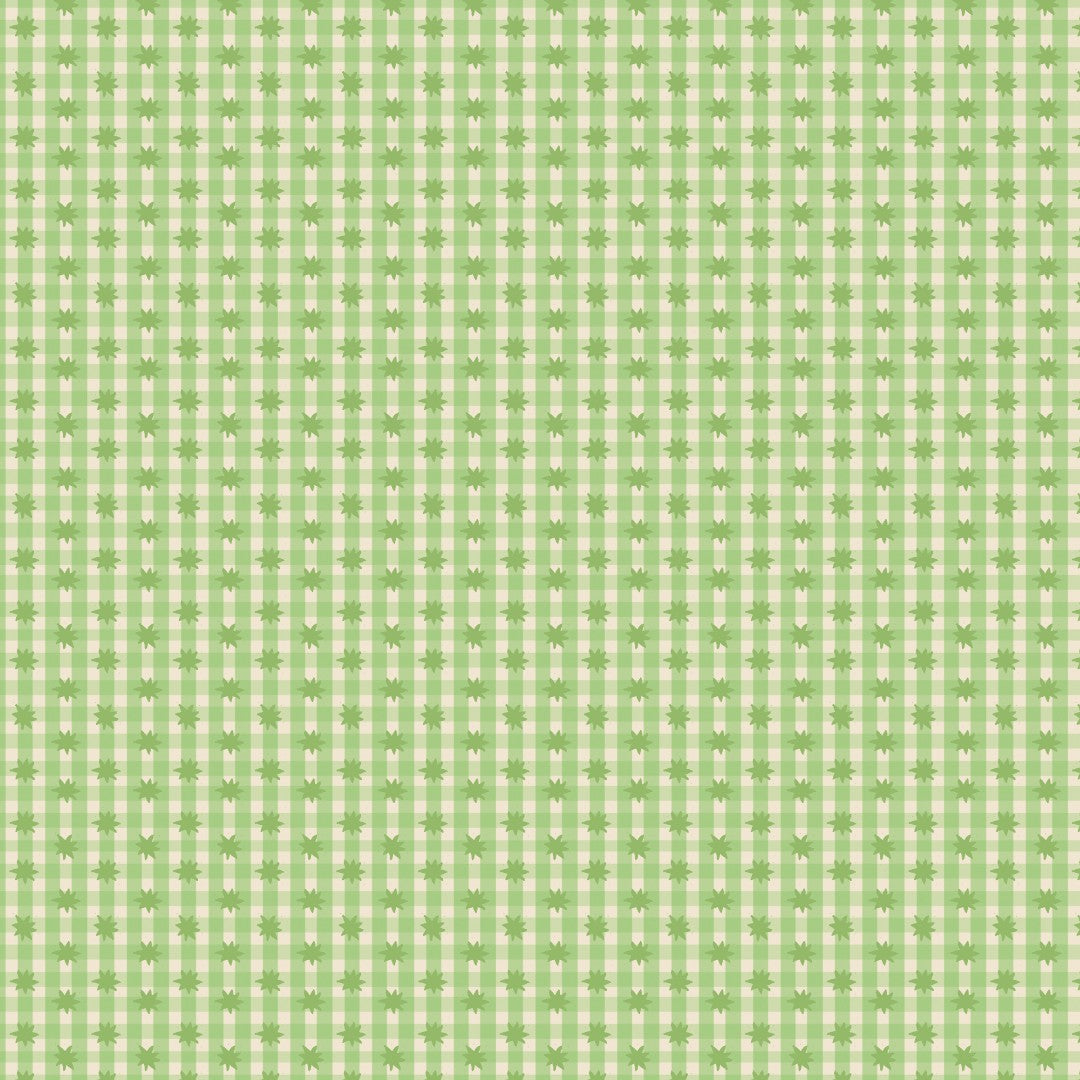 A repeating green and white gingham pattern with small star motifs in the center of each check, filling the entire frame.