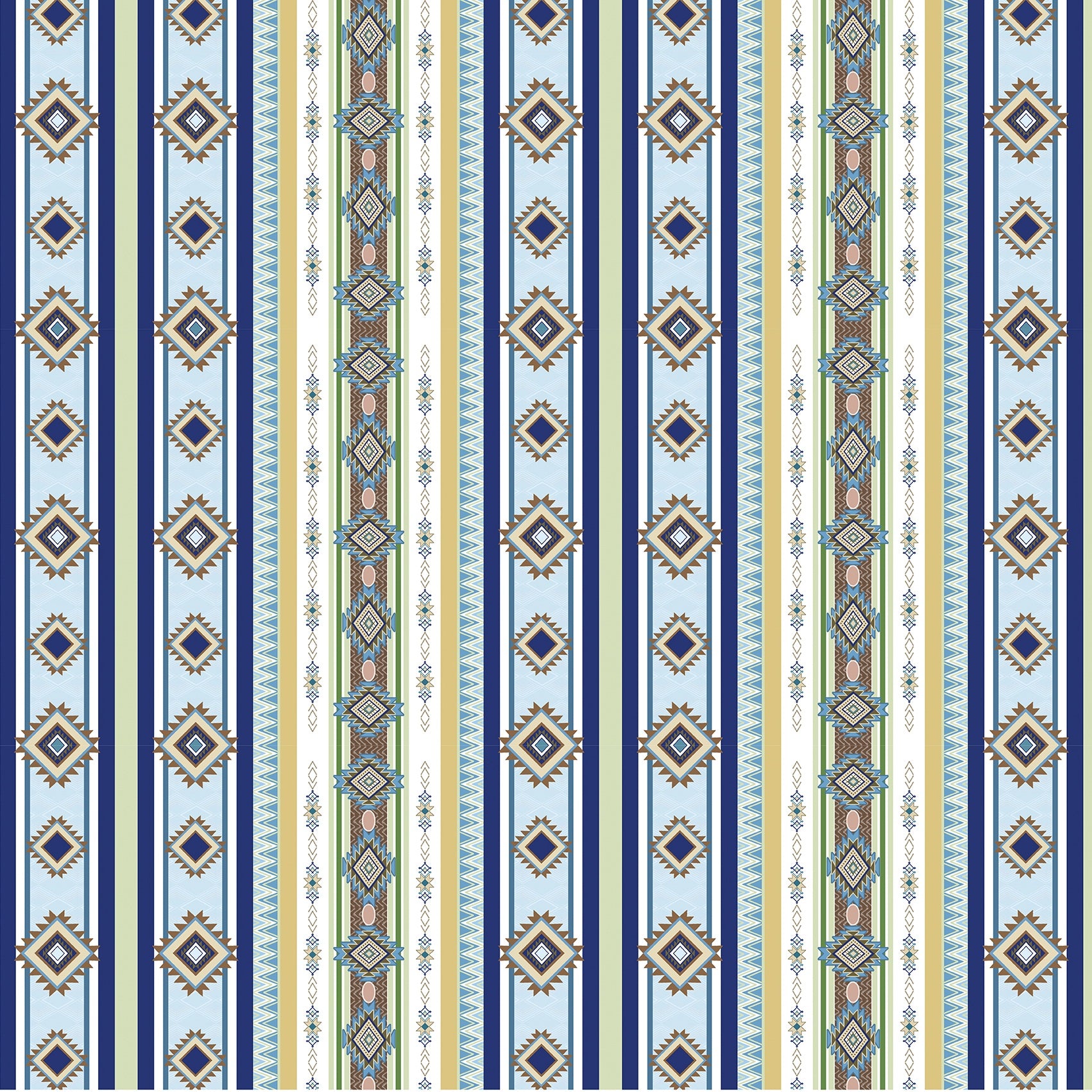 A repeating vertical stripe pattern with geometric and tribal-inspired motifs in navy, light blue, cream, olive green, beige, and small orange accents.