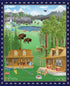 A colorful illustrated scene framed by a dark blue patterned border. The artwork shows a mountain lake landscape with bison, deer, trees, cabins, mountains, and a bird, likely sold as wall art or a print.