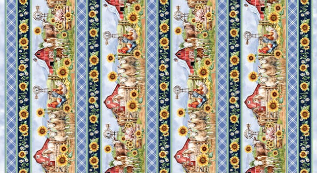 A repeating vertical pattern featuring sunflowers, farm animals, red barns, and blue floral borders on a white background.