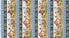A repeating vertical pattern featuring sunflowers, farm animals, red barns, and blue floral borders on a white background.