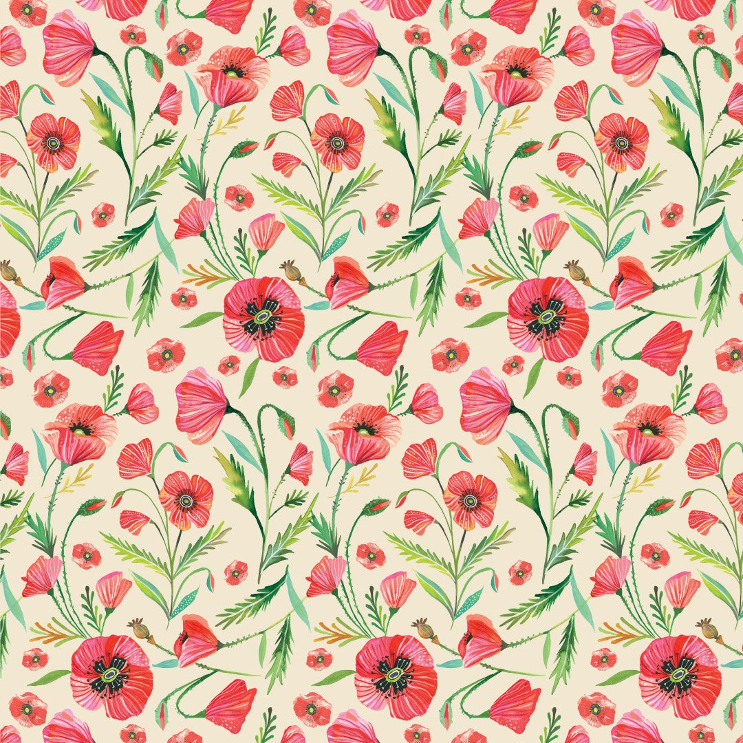 A repeating watercolor-style floral pattern featuring red poppy flowers with green stems and leaves on a warm cream background.