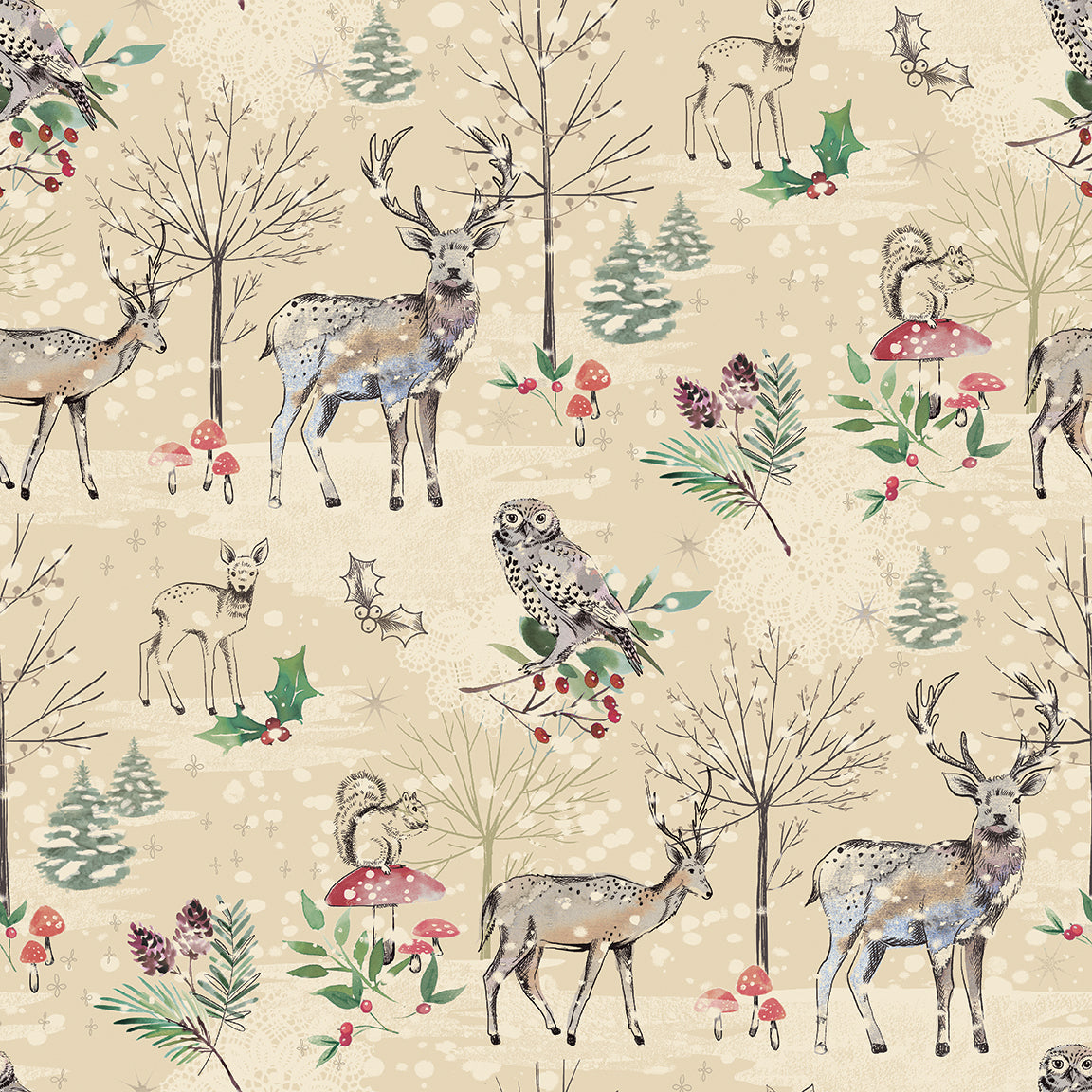 Woodland animals and plants pattern on a beige background