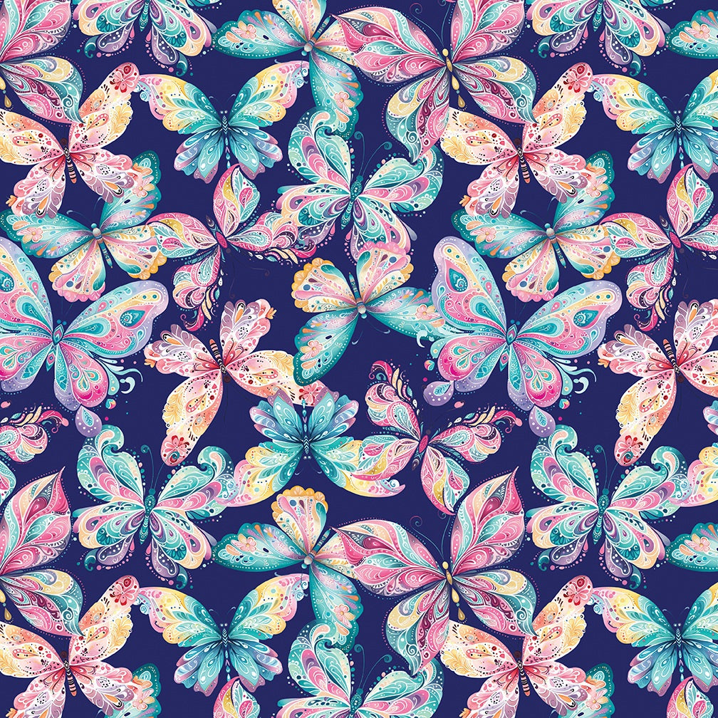 A seamless repeating pattern of colorful watercolor butterflies on a dark navy blue background.