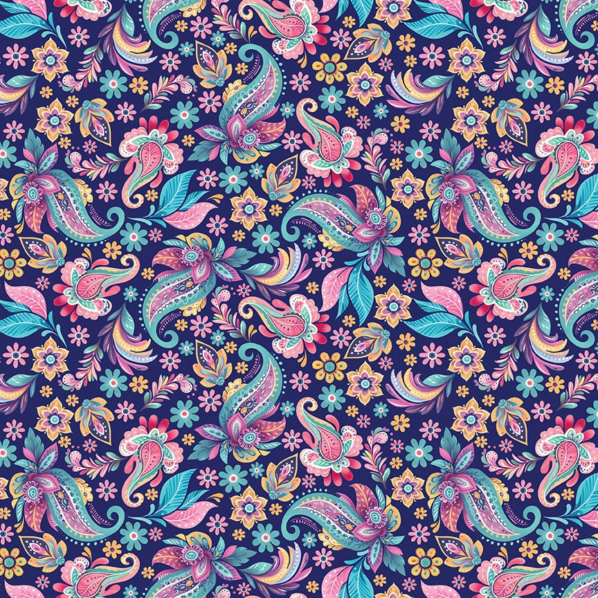 A seamless repeating paisley and floral pattern on a dark navy background, featuring pink, teal, yellow, orange, and purple motifs.