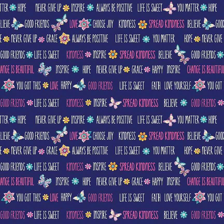 A repeating pattern of motivational quotes and positive words like 'Life is Sweet', 'Good Friends', 'Hope', and 'Believe' in white and light purple text, decorated with colorful butterflies and flowers on a dark purple background.