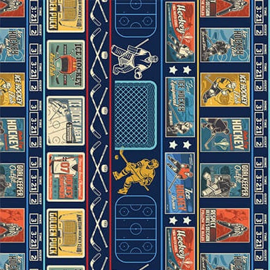 A close-up of a repeating fabric featuring hockey-themed graphics, including skaters, sticks, a net, rink boards, and vintage-style hockey tickets in blue, navy, red, yellow, and white.