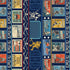 A close-up of a repeating fabric featuring hockey-themed graphics, including skaters, sticks, a net, rink boards, and vintage-style hockey tickets in blue, navy, red, yellow, and white.