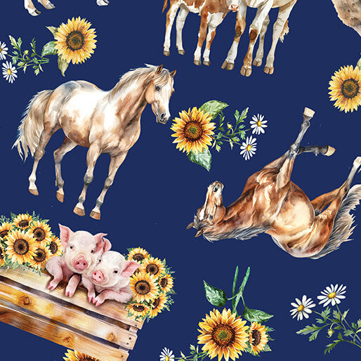 Pattern of horses, pigs, and sunflowers on a blue background