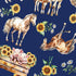Pattern of horses, pigs, and sunflowers on a blue background