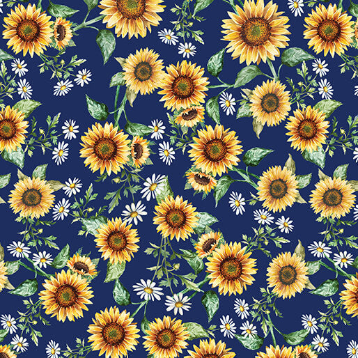 Pattern of sunflowers and daisies on a blue background