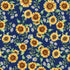 Pattern of sunflowers and daisies on a blue background