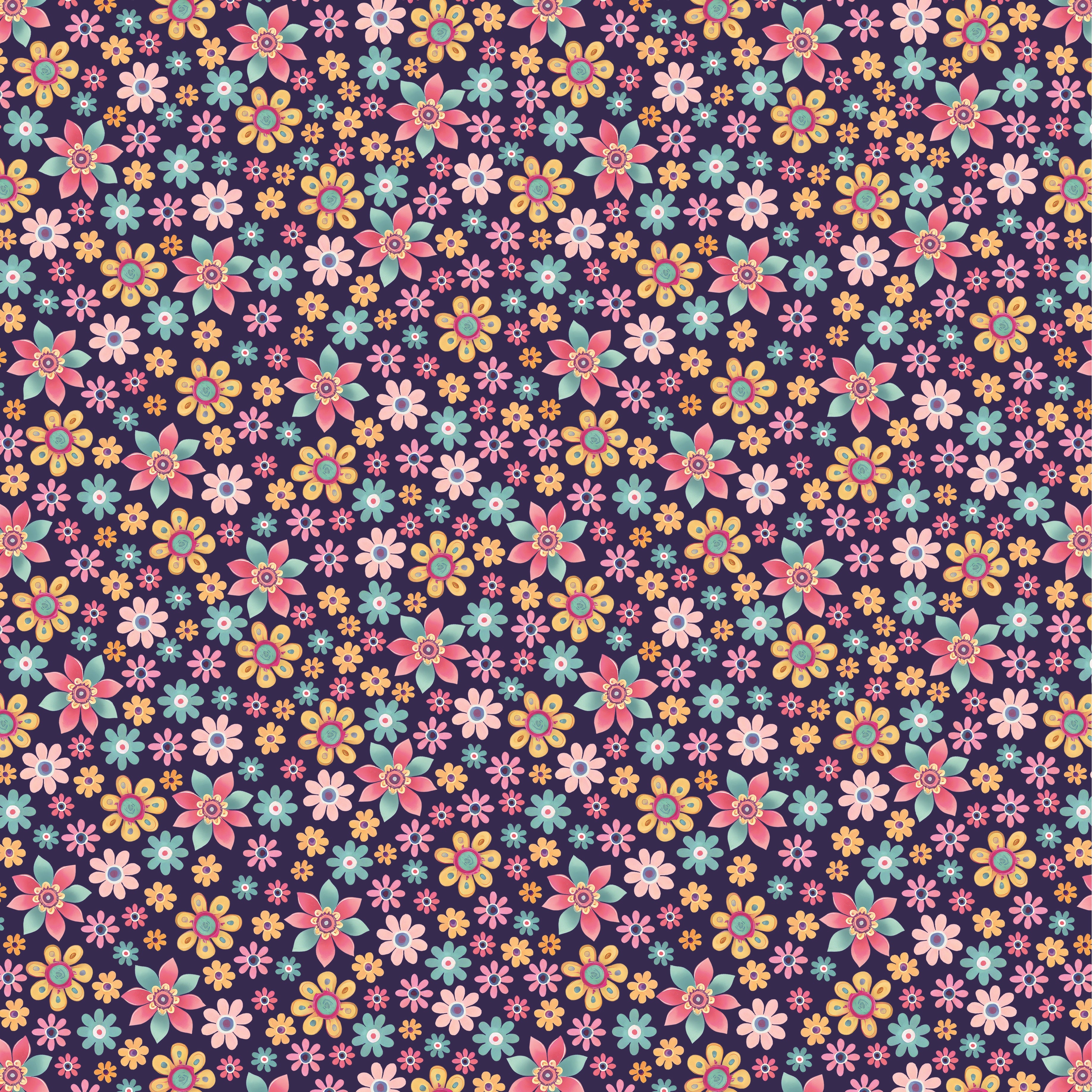 A dense, seamless floral pattern featuring small daisy-like flowers in pink, yellow, light blue, and white on a dark purple background.