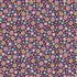 A dense, seamless floral pattern featuring small daisy-like flowers in pink, yellow, light blue, and white on a dark purple background.