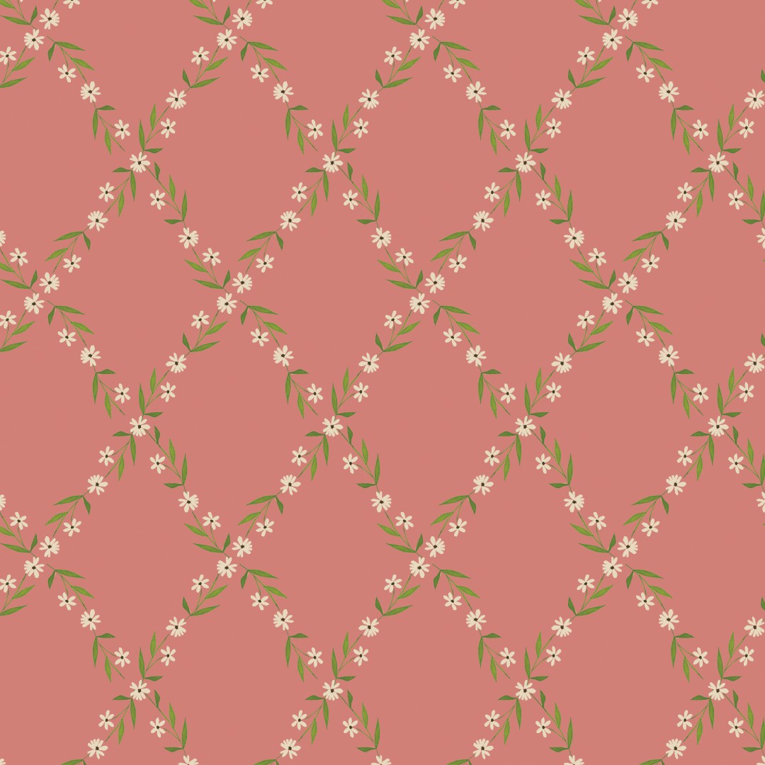 A repeating floral pattern on a dusty pink background, featuring white blossoms and green leaves arranged in diagonal diamond shapes.