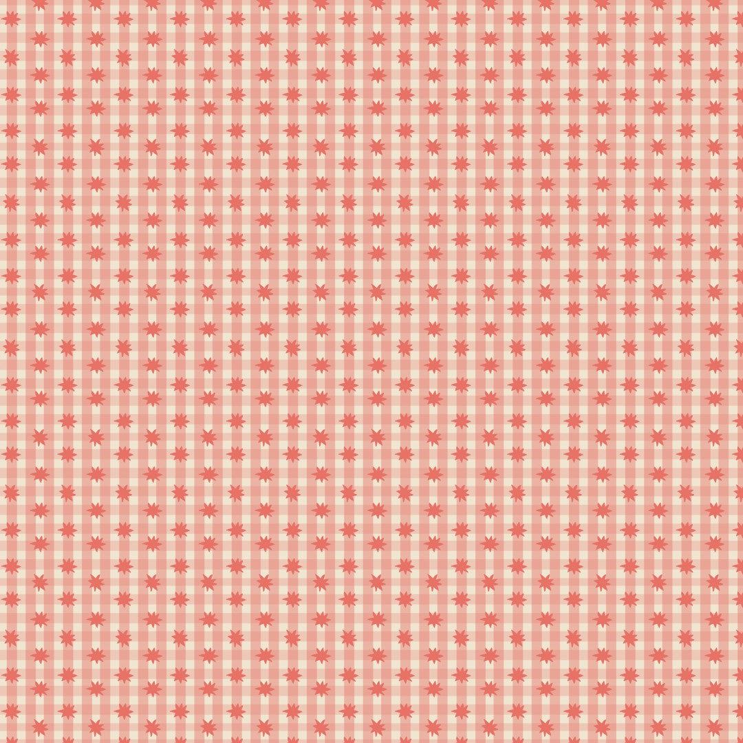 A repeating gingham-style check pattern in coral pink and white, with small starburst motifs at the intersections of the grid.
