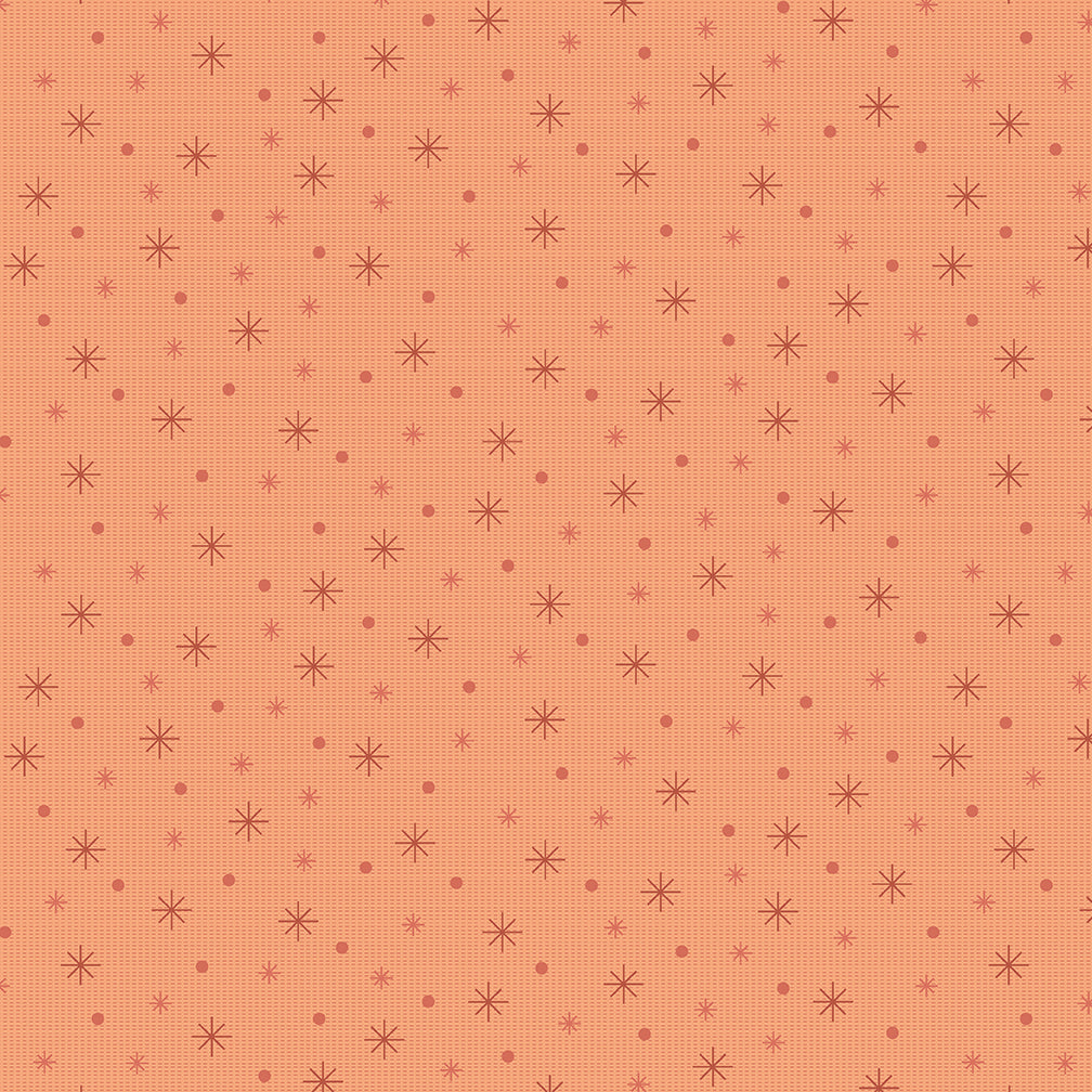 A repeating pattern of small starbursts and dots in a muted reddish-brown on a warm peach-orange background with a subtle grid texture.