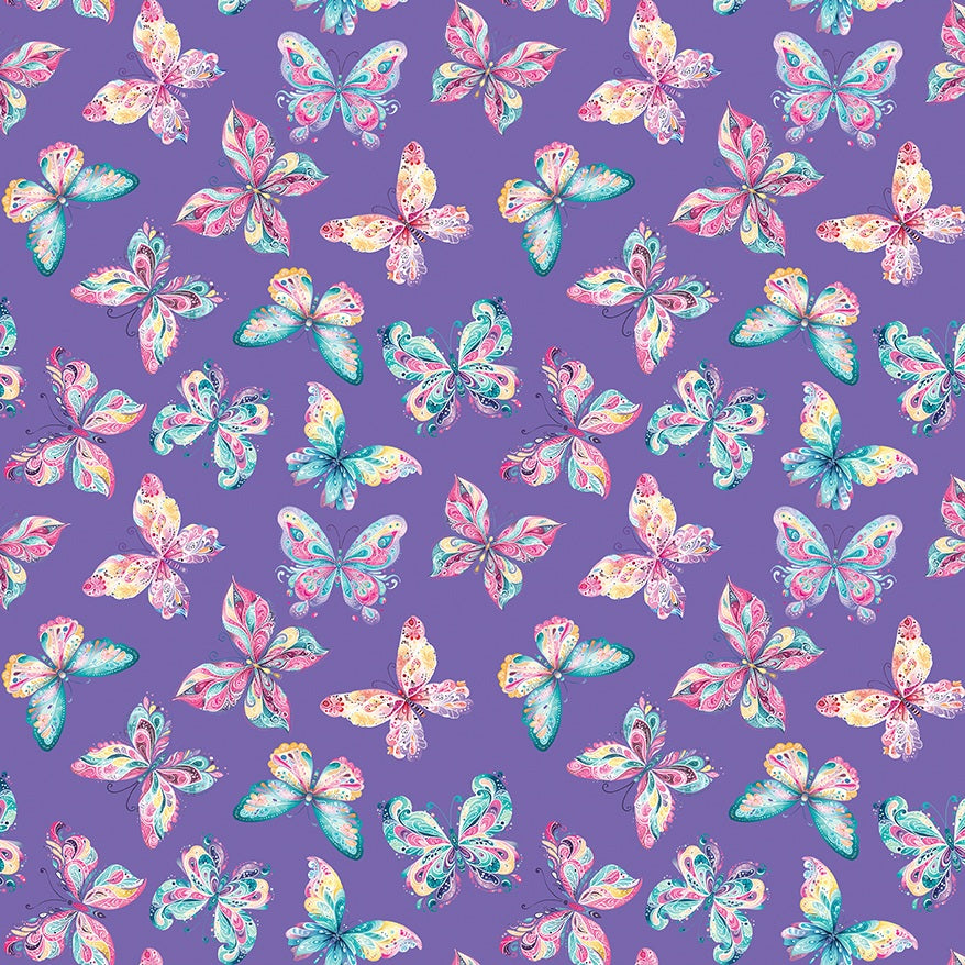 A repeating pattern of watercolor butterflies in pastel pink, teal, yellow, and lavender on a solid purple background.