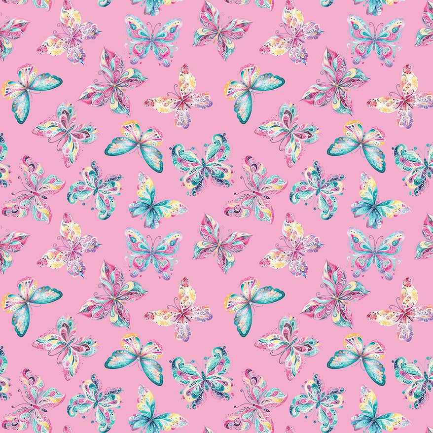 A repeating watercolor-style floral pattern on a pink background, featuring pastel butterflies and flowers in blue, teal, yellow, and purple tones.