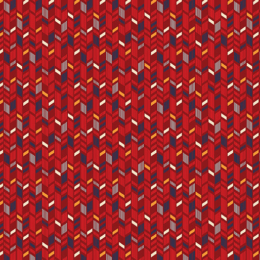 A repeating geometric pattern of red rectangular blocks with small white, yellow, and dark blue accents, arranged in vertical zigzag rows.