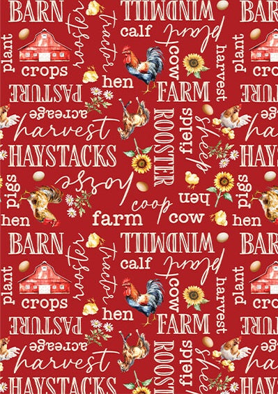 A repeating red fabric or paper print with a rustic farm-and-fresh-market theme. The design includes white script words like barn, farm, harvest, crops, and market, plus illustrations of a red barn, rooster, sunflowers, eggs, pigs, cows, and floral accents.