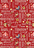 A repeating red fabric or paper print with a rustic farm-and-fresh-market theme. The design includes white script words like barn, farm, harvest, crops, and market, plus illustrations of a red barn, rooster, sunflowers, eggs, pigs, cows, and floral accents.