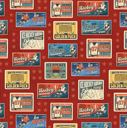 A repeating vintage-style hockey print on a red background, featuring illustrated hockey players, jerseys, skates, and retro signs reading phrases like 'Ice Hockey Arena,' 'Golden Puck,' and 'Hockey.'.
