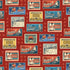 A repeating vintage-style hockey print on a red background, featuring illustrated hockey players, jerseys, skates, and retro signs reading phrases like 'Ice Hockey Arena,' 'Golden Puck,' and 'Hockey.'.