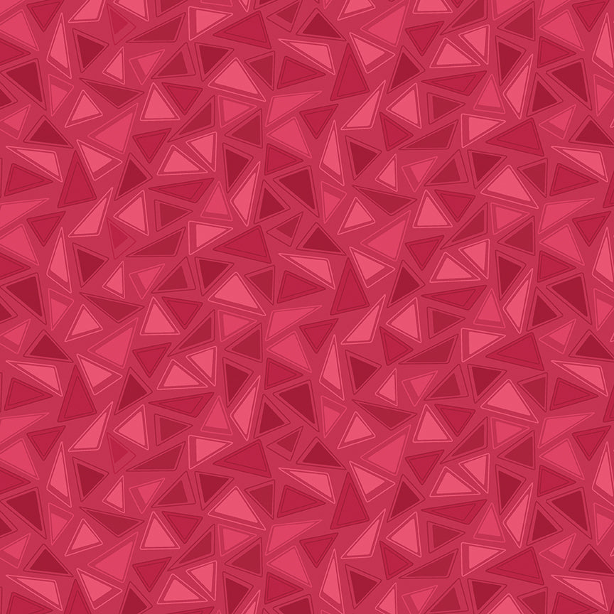 A seamless geometric pattern of interlocking pink and red triangles with varying shades of magenta and rose.