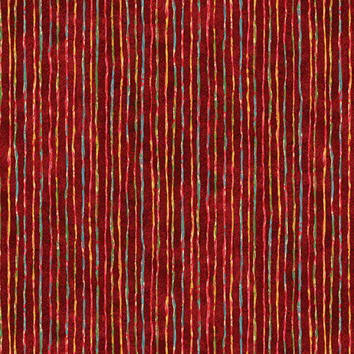 Red fabric with multicolored vertical stripes