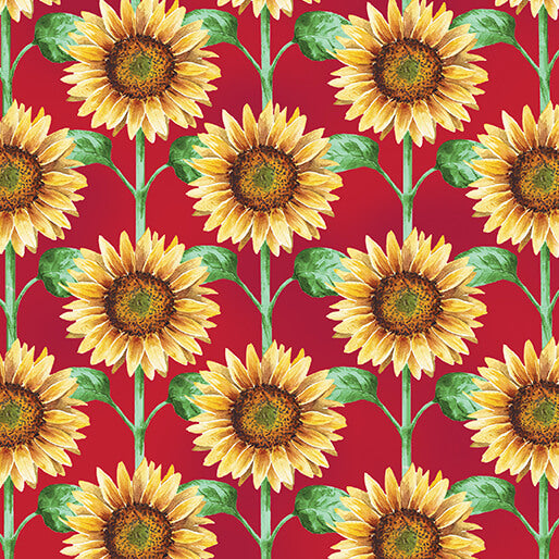 Pattern of sunflowers on a red background