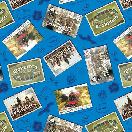 Fabric Benartex Royal Blue Harry Potter Postcards Harry Potter by the Quarter Yard 15215-56