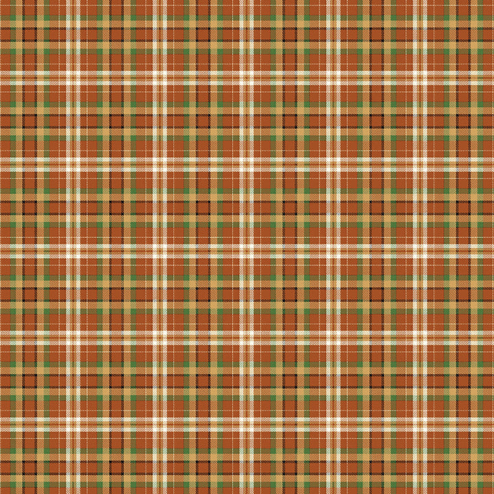 A repeating plaid pattern with rust orange, olive green, beige, and white intersecting stripes.