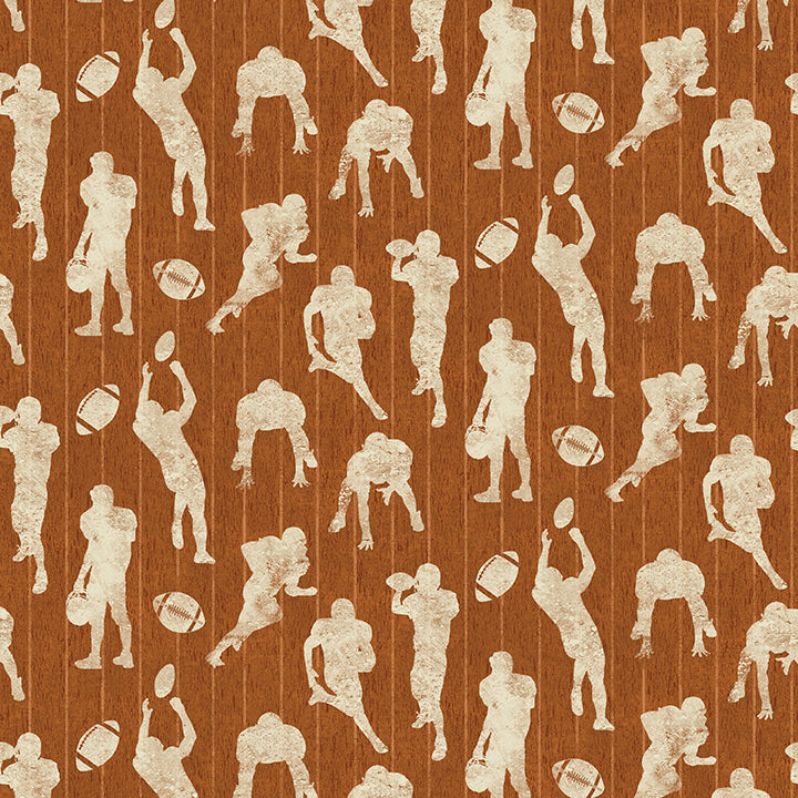 A repeating pattern of distressed beige football player silhouettes and footballs on a warm brown wood-plank color background.