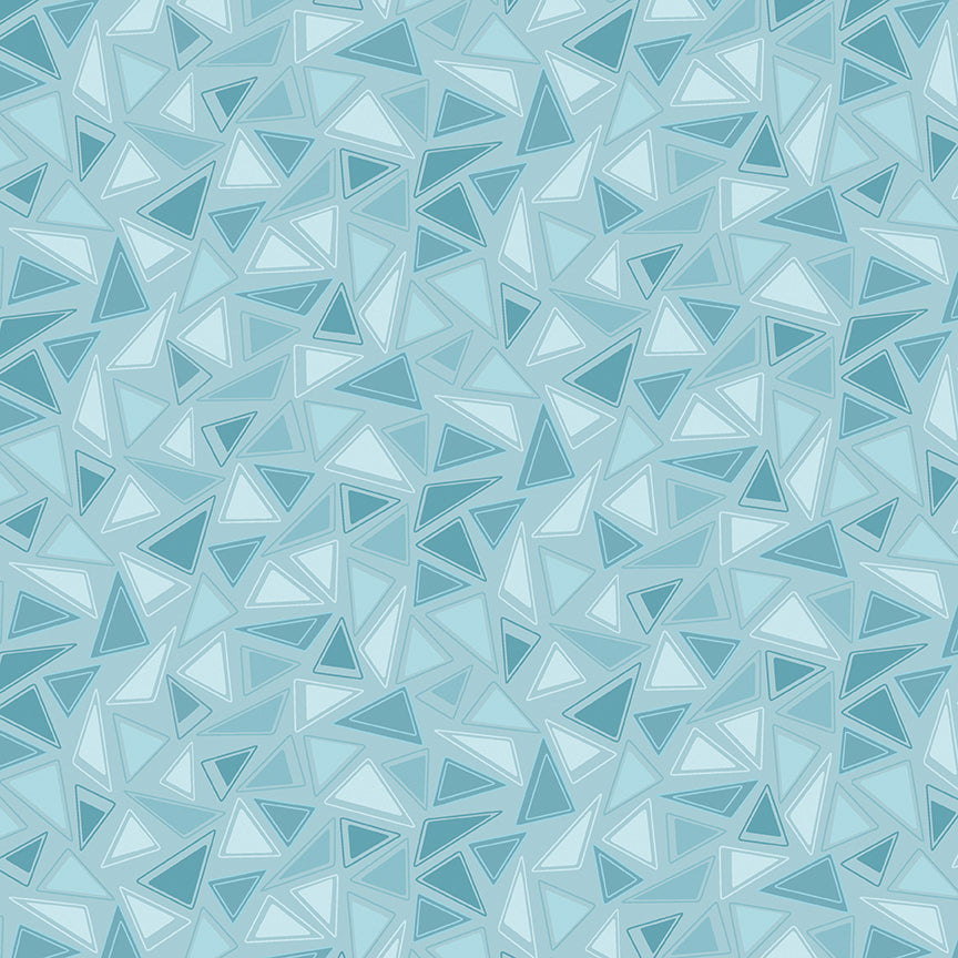 A repeating geometric pattern of irregular triangles in multiple shades of light blue, from pale icy blue to medium cornflower blue, outlined in thin darker blue lines.
