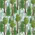 A repeating illustrated forest pattern with tall green conifer trees and several larger reddish-brown sequoia-style trunks on a pale blue background.