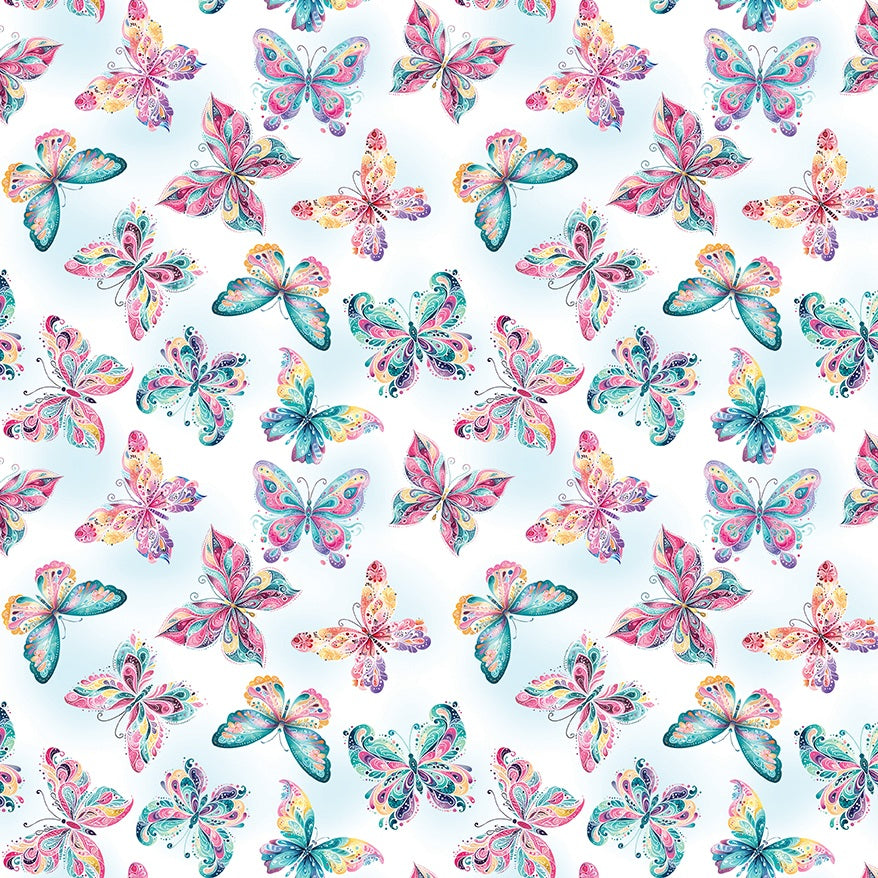 A seamless watercolor pattern of colorful butterflies in pink, teal, yellow, and orange on a light blue watercolor-textured background.